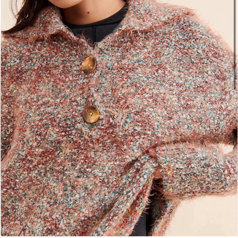 Free People Stellar Knit Pullover Sweater‎ EUC Med Blue Green Brown Eyelash Knit - Picture 2 of 16